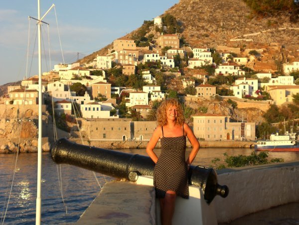 Kate at the entrance to Hydra harbour