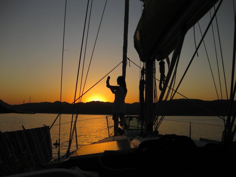 Helen captures the sunset while moored at Yassica Islands