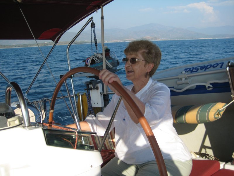 Jill takes the helm on the way back to Gocek