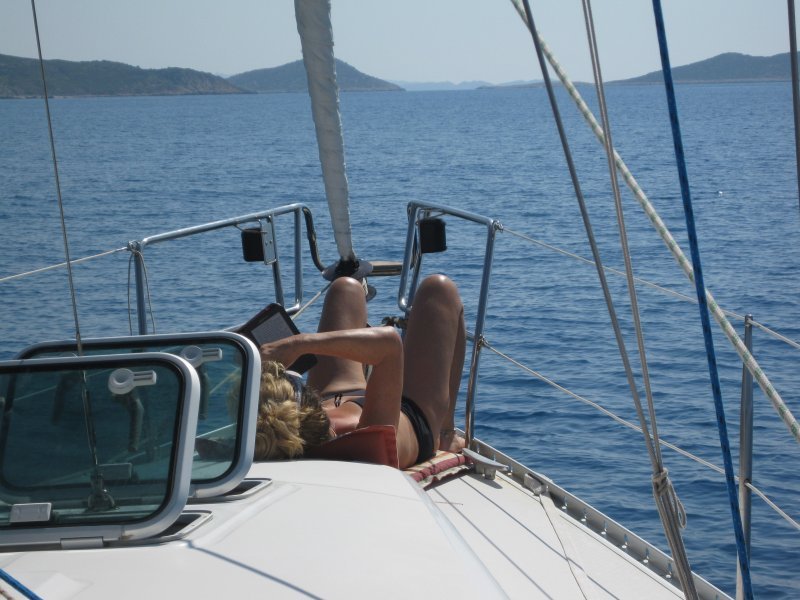 Kate and Kindle on the bow - a familiar sight of the summer