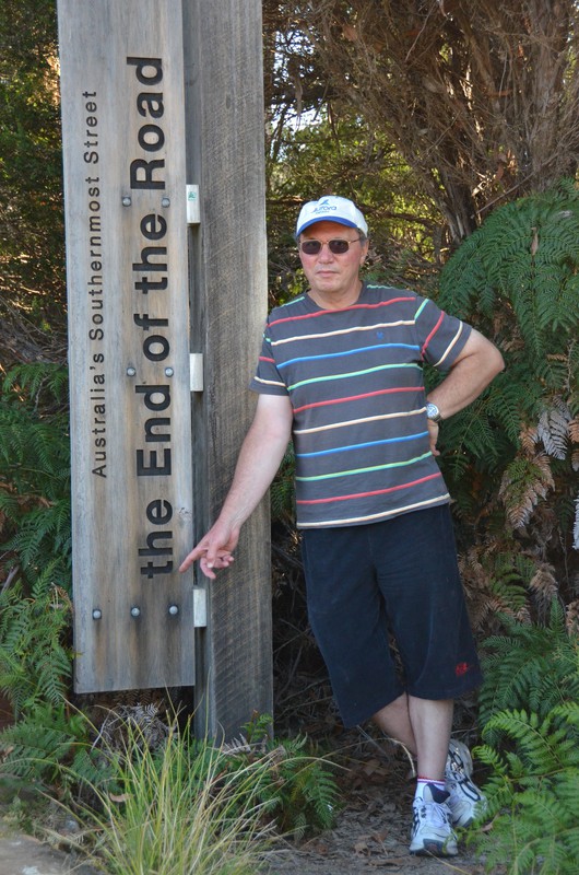 Lenny at end of road sign Cockle Creek