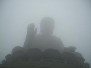 Giant Buddha, shrouded in fog
