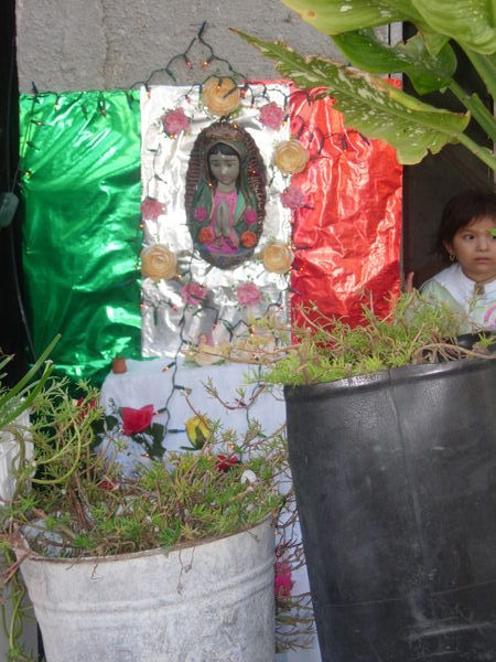 Mexico flag with Virgin Mary image hanged outside the house