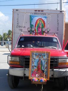 A truck decorated with Virgin Images