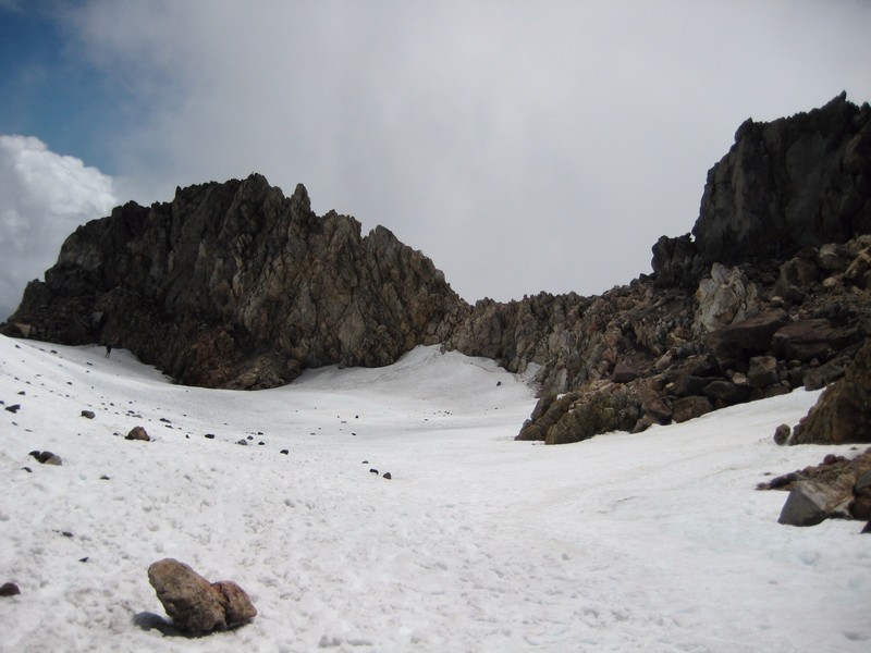Snow near crater at top of Mt. Taranaki
