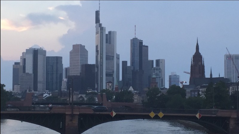Frankfurt city skyline in the evening