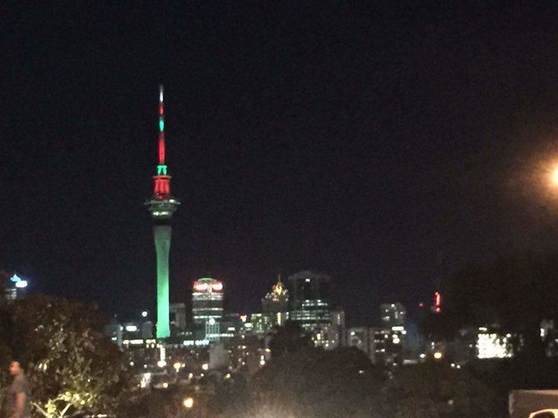 The Sky Tower lit up for Christmas 