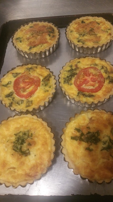 My daily quiches for the cold counter.  Salmon and Dill, Vegetarian and Bacon and Cheese. 