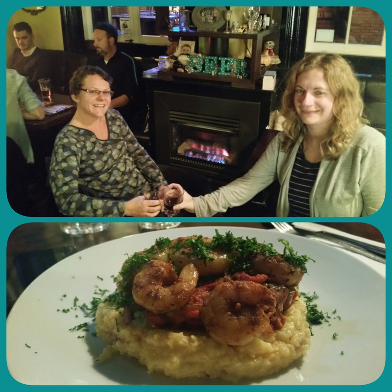 Shrimp and Grits by the fire washed down with a mulled wine with Ceri in LBQ. 