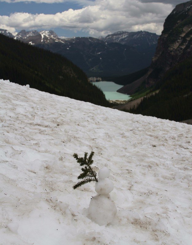 Snowman and ice from recent avalanche