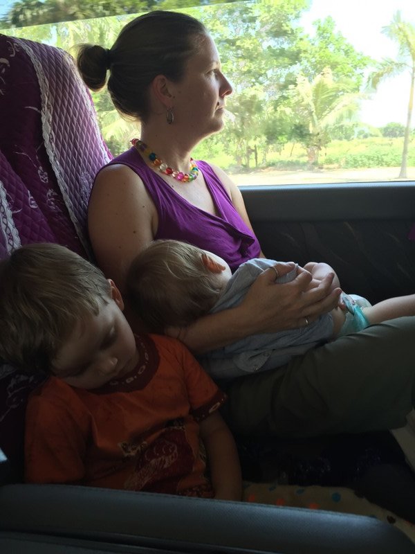 Sleepy heads on bus back to Hanoi
