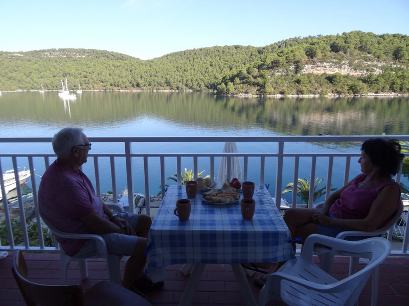 Mam and Dad enjoying the breakfast view from our apartment, Polače, Mljet