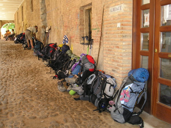Bags queue patiently outside the albergue in Navarrete.