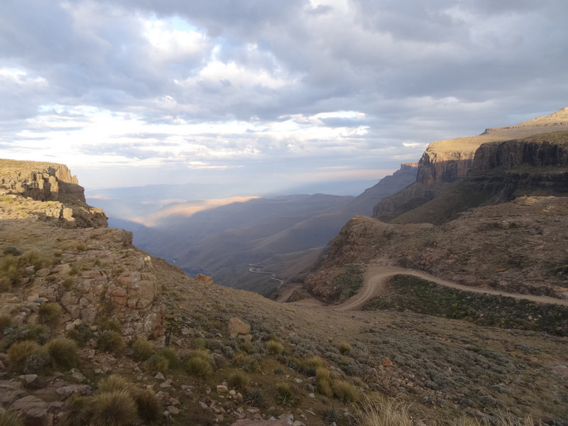Top of Sani Pass as the road drops of the cliff