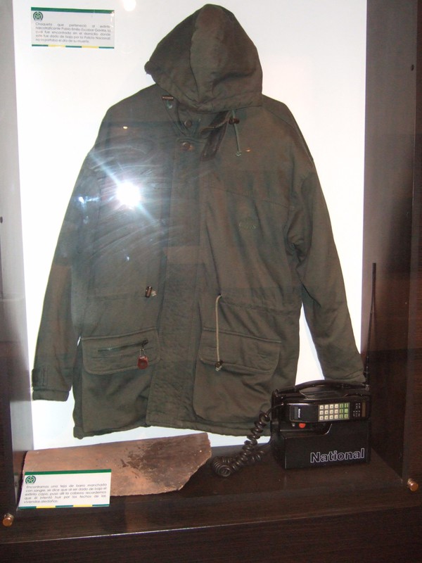 Jacket worn by the drugs baron, Pablo Escobar, during his escape from prison, and a roof stile stained with his blood!
