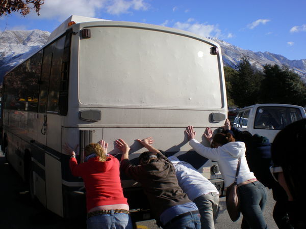 Jumpstarting the bus on the way to Queenstown