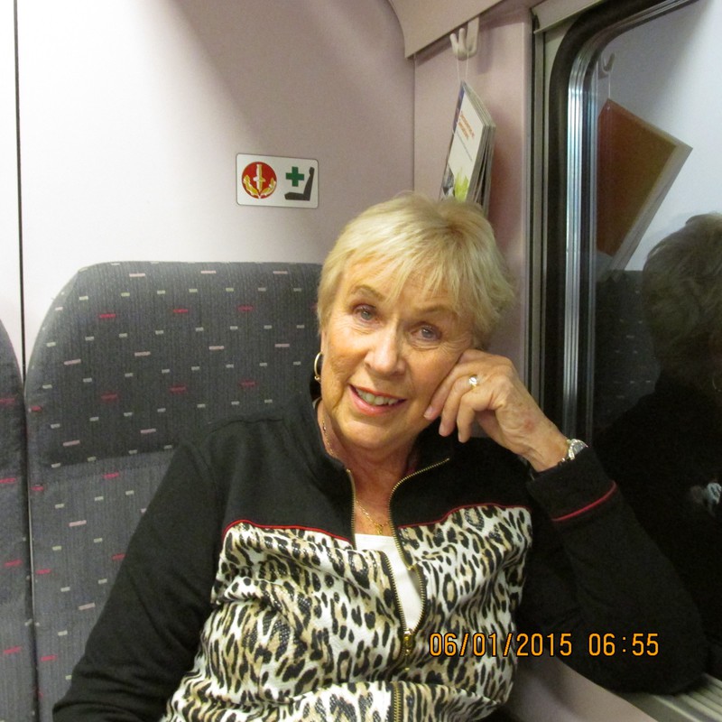 Mom on the train to Bruges
