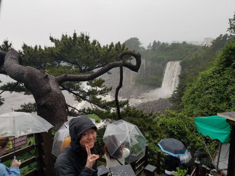 What's a little rain? Jeongbang waterfall