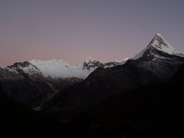 The view from Alpamayo Base Camp at sunset