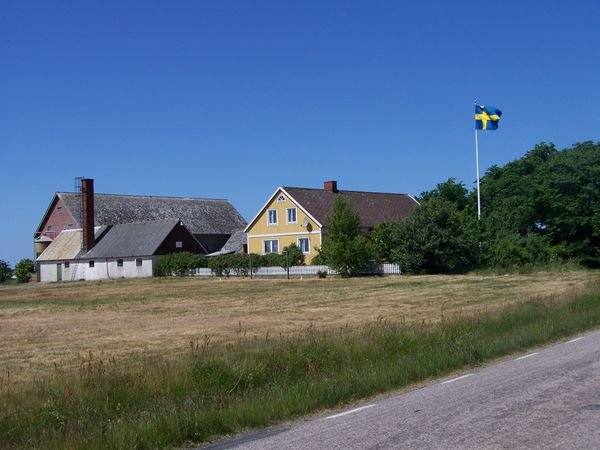 A farmhouse. They all have the flags!