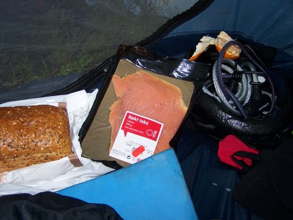 Very norwegian - eating salmon in my tent out of the rain