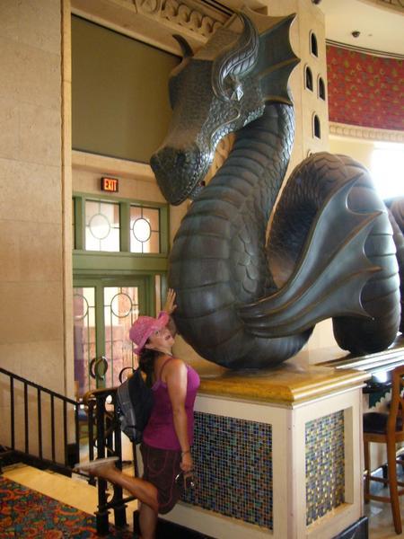 Jeanette touching the big dragon.