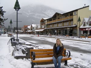 Kristi in Banff town after the light snow