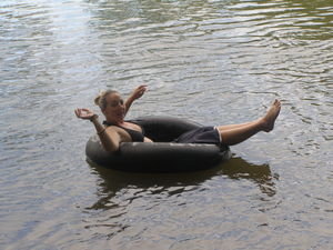 Bunny having a great ol' time tubing down the river!