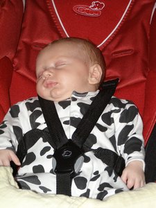 Tommy in his special cow suit, when he  was only 1 month old! Aug 09