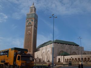 Our truck home parked up in Casablanca at Hassan II Mosque