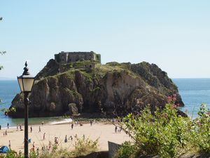 Fortified rock dominating one of Tenby's beaches