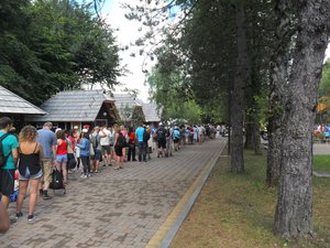 1 One half of  the entrance queue Plitvicka Jezera National Park. The line doubles  back out of camera shot