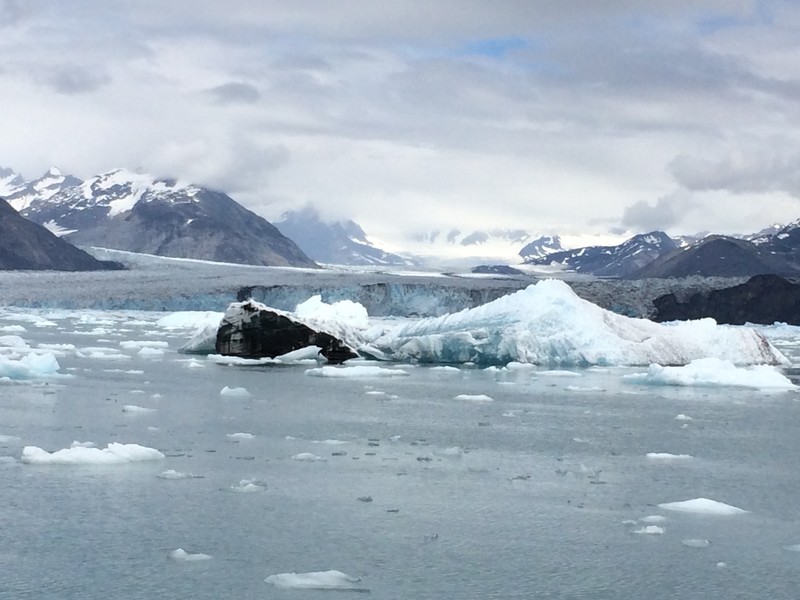 Columbia glacier in background, icebergs in foreground