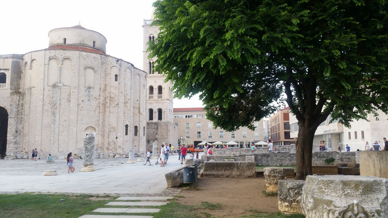Zadar's old town square with old Roman ruins that were uncovered after clearing the devastation of the WWII bombings