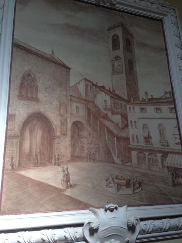 Painting of the old center of Bergamo in the 1800s