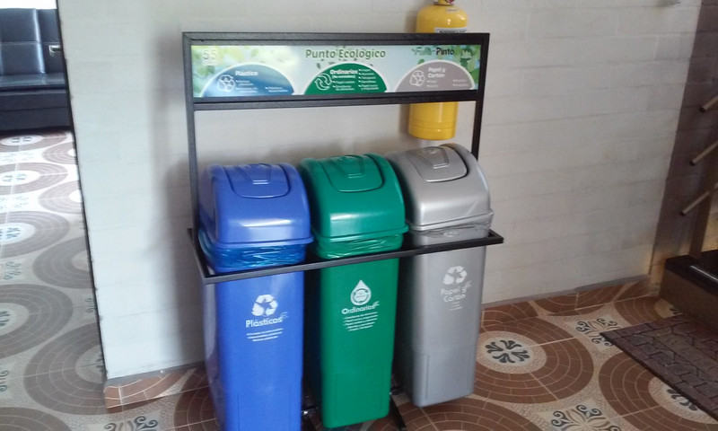 Recycling bins at our hotel near the airport in Medellin