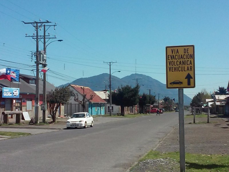 Volcano evacuation sign in Melipeuco.