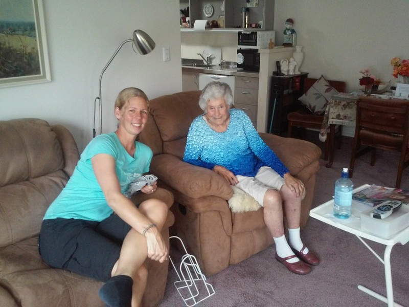 Fi and Great Aunt Joan in her home in Napier
