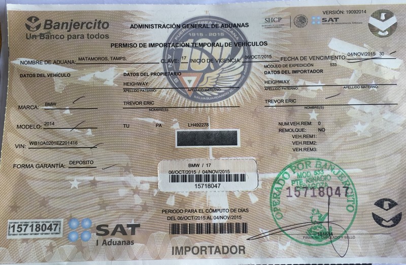 Importation document for the BMW