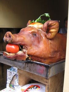 Whole cooked pig in Otavalo