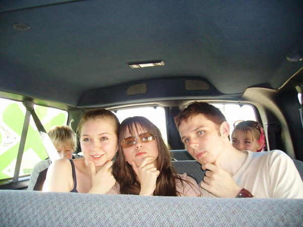 Sophie, Eithne and Kyle in the van