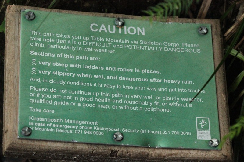 Skeleton Gorge Warning Sign