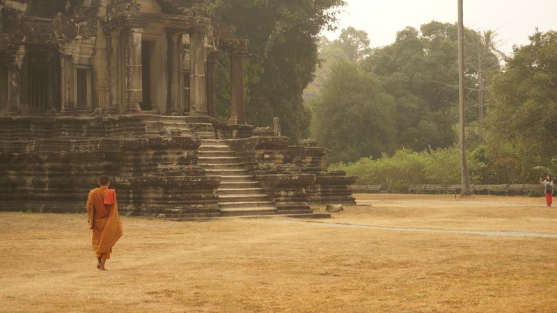 Monk at dawn at Angkor Wat