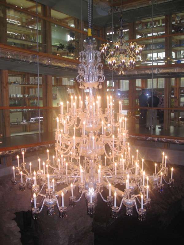 A glass chandalier in a glass factory outlet. 