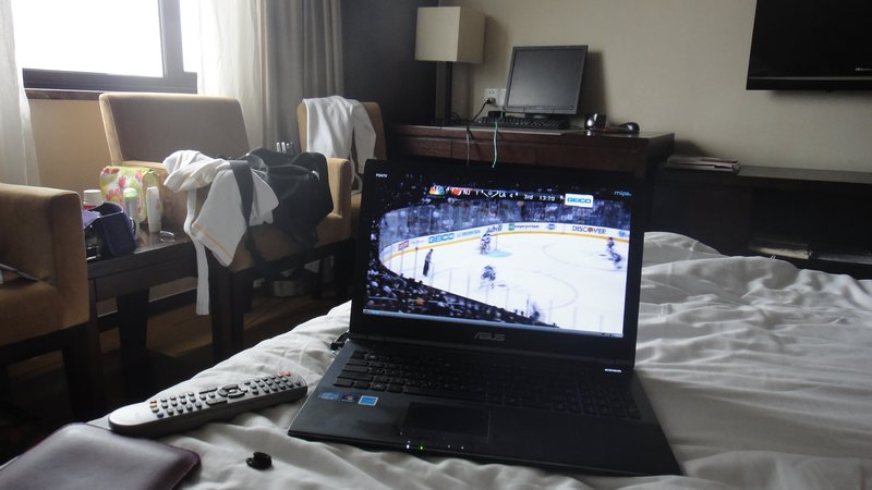 Watching hockey in my hotel room