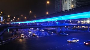Blue lights under the elevated highway