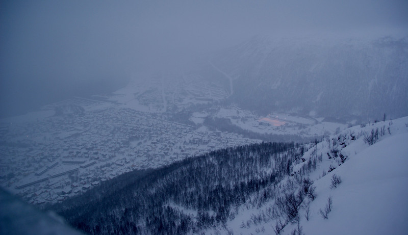 Looking down onto Tromso during snowfall