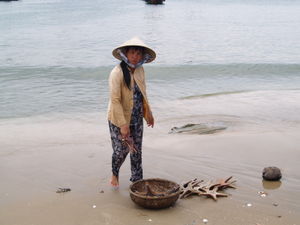 Woman catching Starfish in Mui Ne