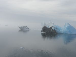 Icebergs and boats in the fog