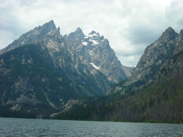 Teewinot Moutnain, Grand Teton, and Mt. Owen from the northern side of Jenny Lake
